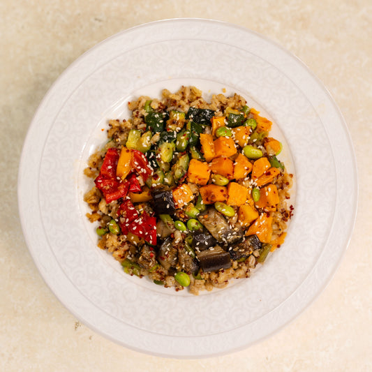 ROASTED VEGETABLES WITH QUINOA AND BARLEY IN SPICY SOY SAUCE