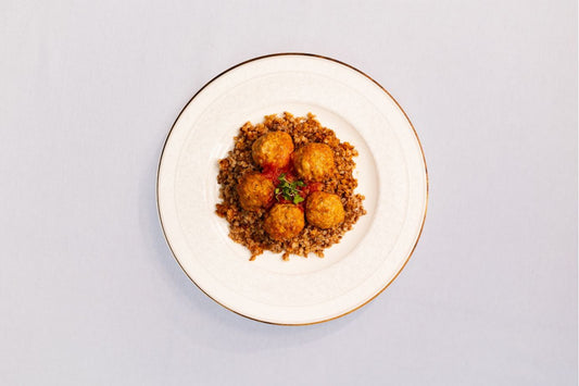 CHICKEN AND TURKEY MEATBALLS WITH BUCKWHEAT IN TOMATO SAUCE
