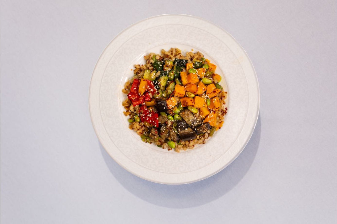 ROASTED VEGETABLES WITH QUINOA AND BARLEY IN SPICY SOY SAUCE