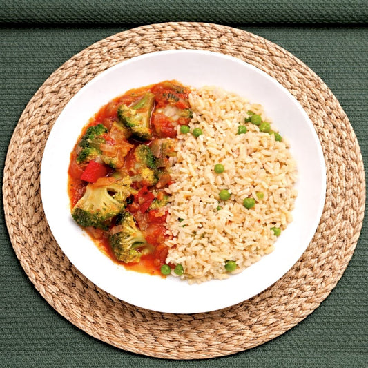 Sweet and Sour Vegetables with Fried Rice and Peas