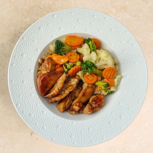 CHICKEN TERIYAKI WITH VEGETABLES AND WHITE RICE