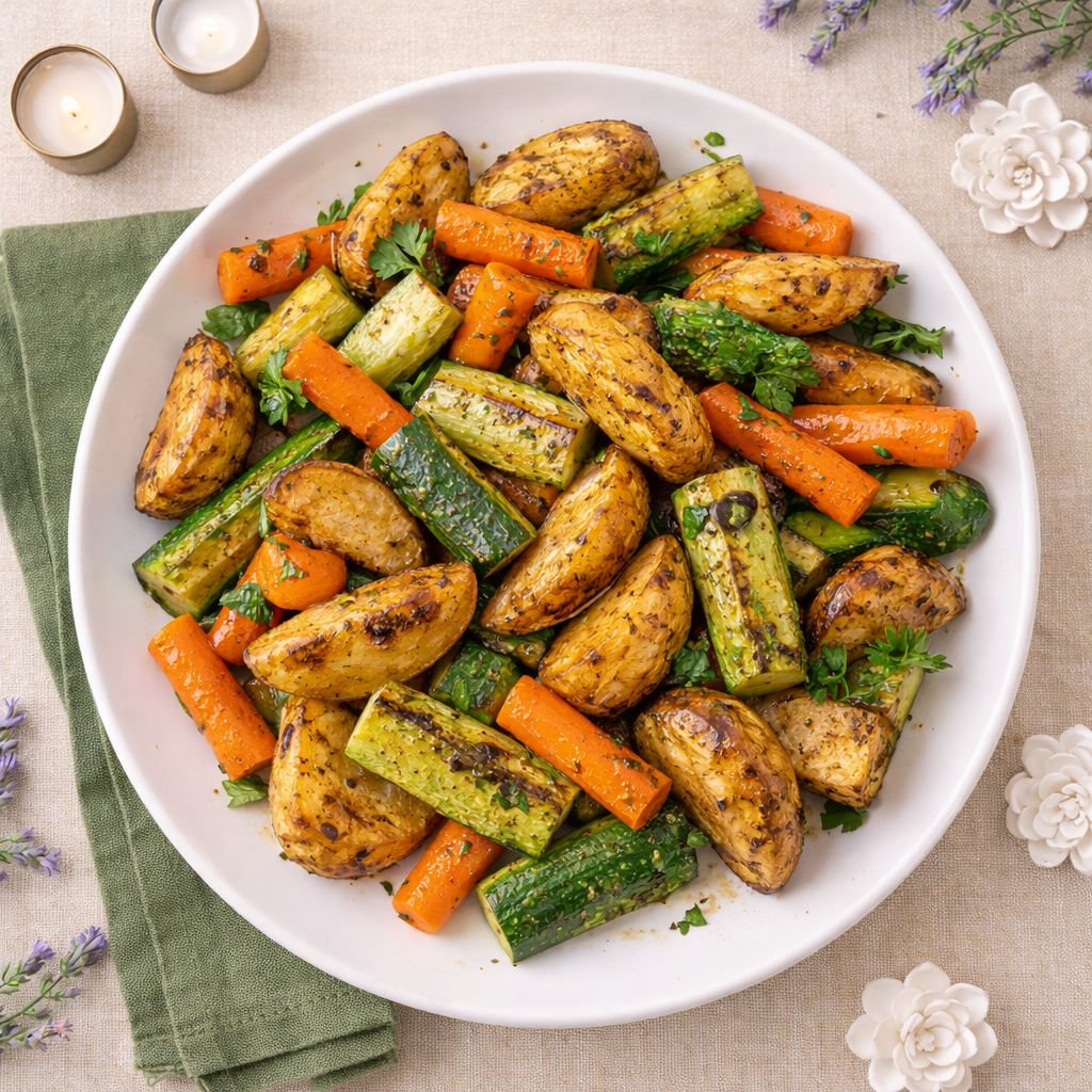 Garlic Herb Roasted Potatoes, Carrots and Courgettes