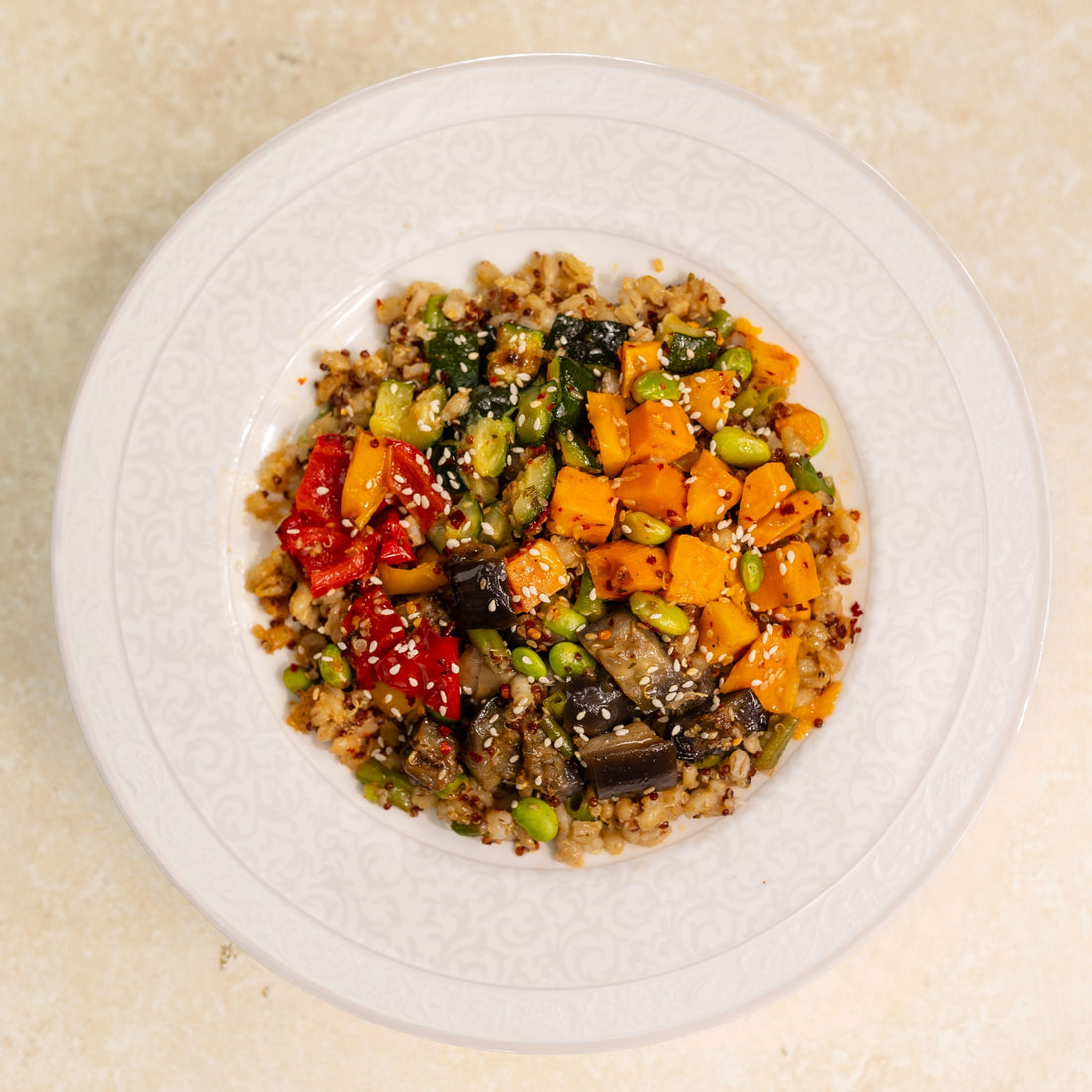 ROASTED VEGETABLES WITH QUINOA AND BARLEY IN SPICY SOY SAUCE