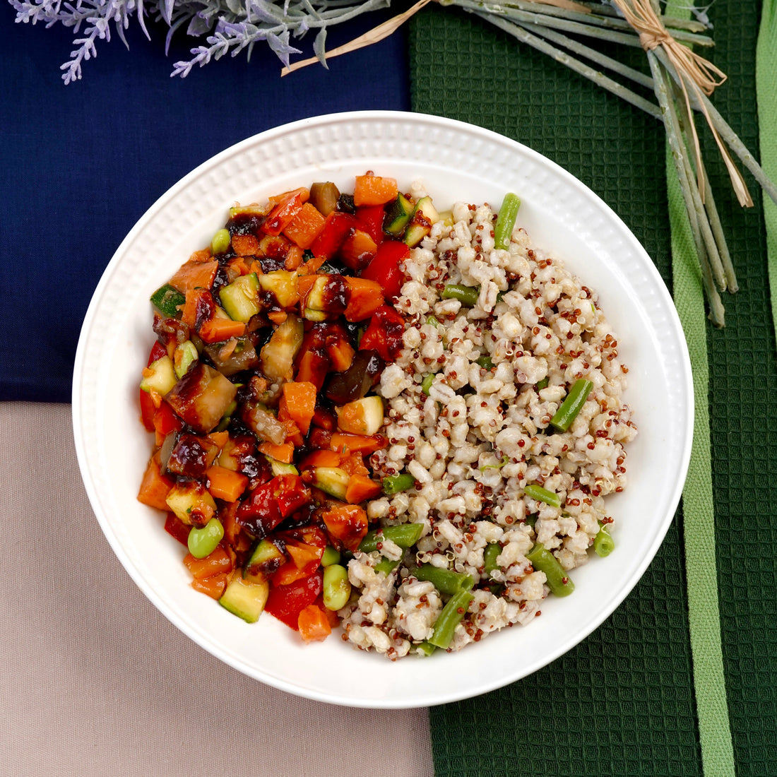 Roasted Vegetables with Quinoa and Barley in Light Soy Sauce