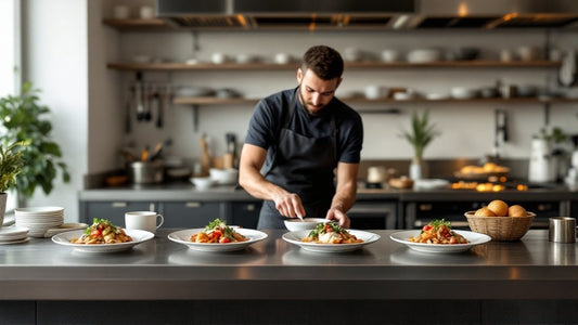 Kitchen staff plating chef-crafted dishes on a service pass without a full brigade