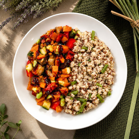 Roasted Vegetables with Quinoa and Barley in Light Soy Sauce