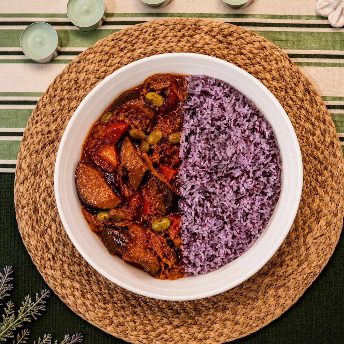 Vegan Korean Bowl with Assorted Vegetables and Purple Rice