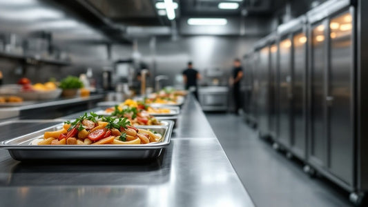 Trays of finished dishes on a production line in a central production kitchen