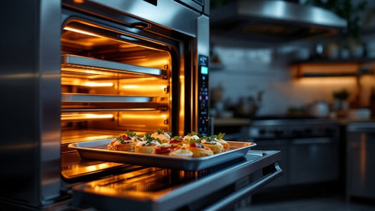 Tray of finished dishes sliding into a professional combi oven with the door open