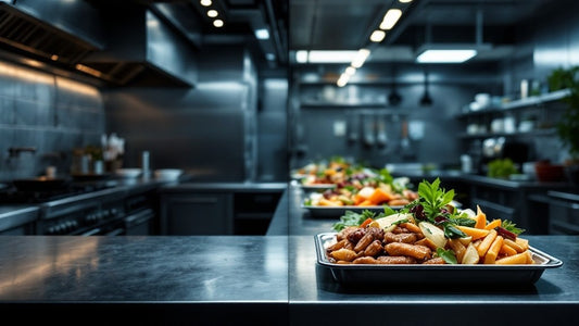 Empty commercial kitchen line beside trays of chef-prepared dishes ready to serve
