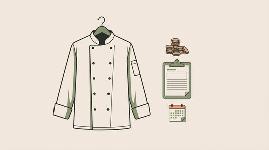 Illustration of a chef's jacket beside coins, a payroll clipboard and a calendar