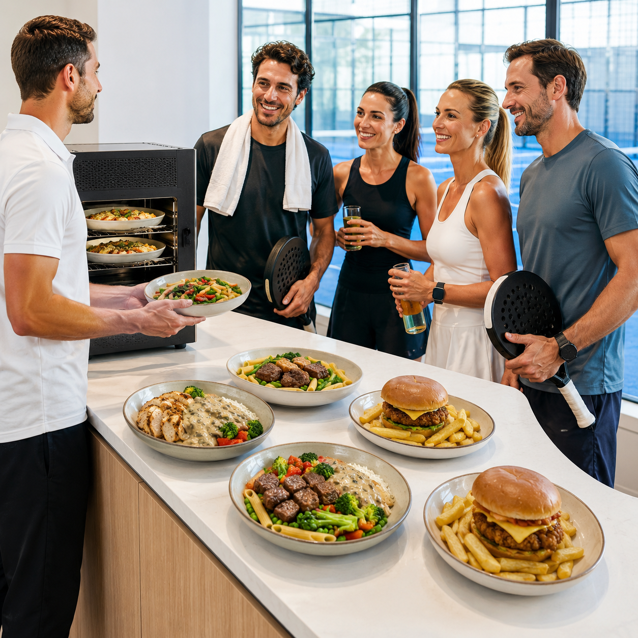 Padel players collecting freshly heated, chef-made meals at a padel club cafe