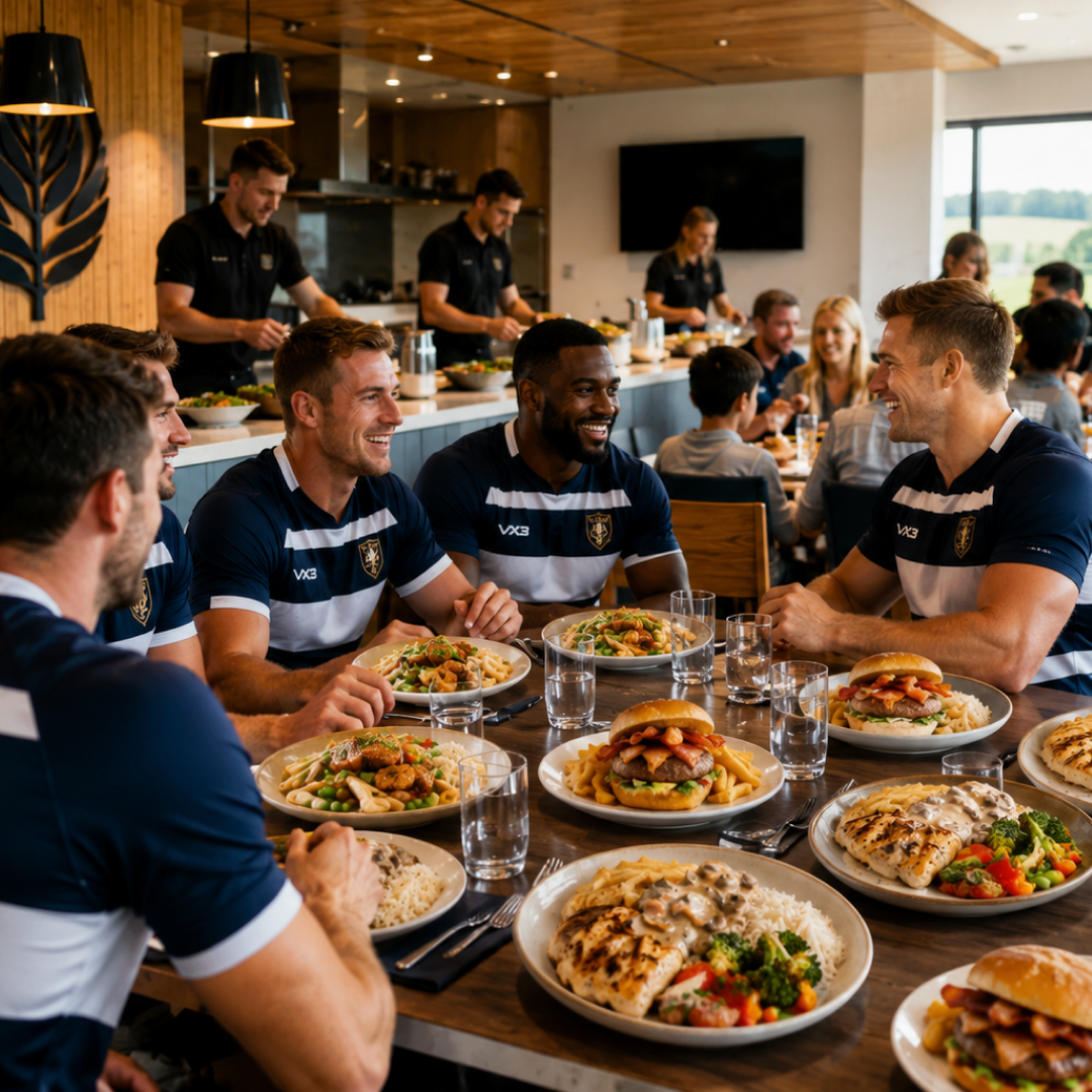 Rugby players in kit enjoying chef-made power bowls in a modern clubhouse