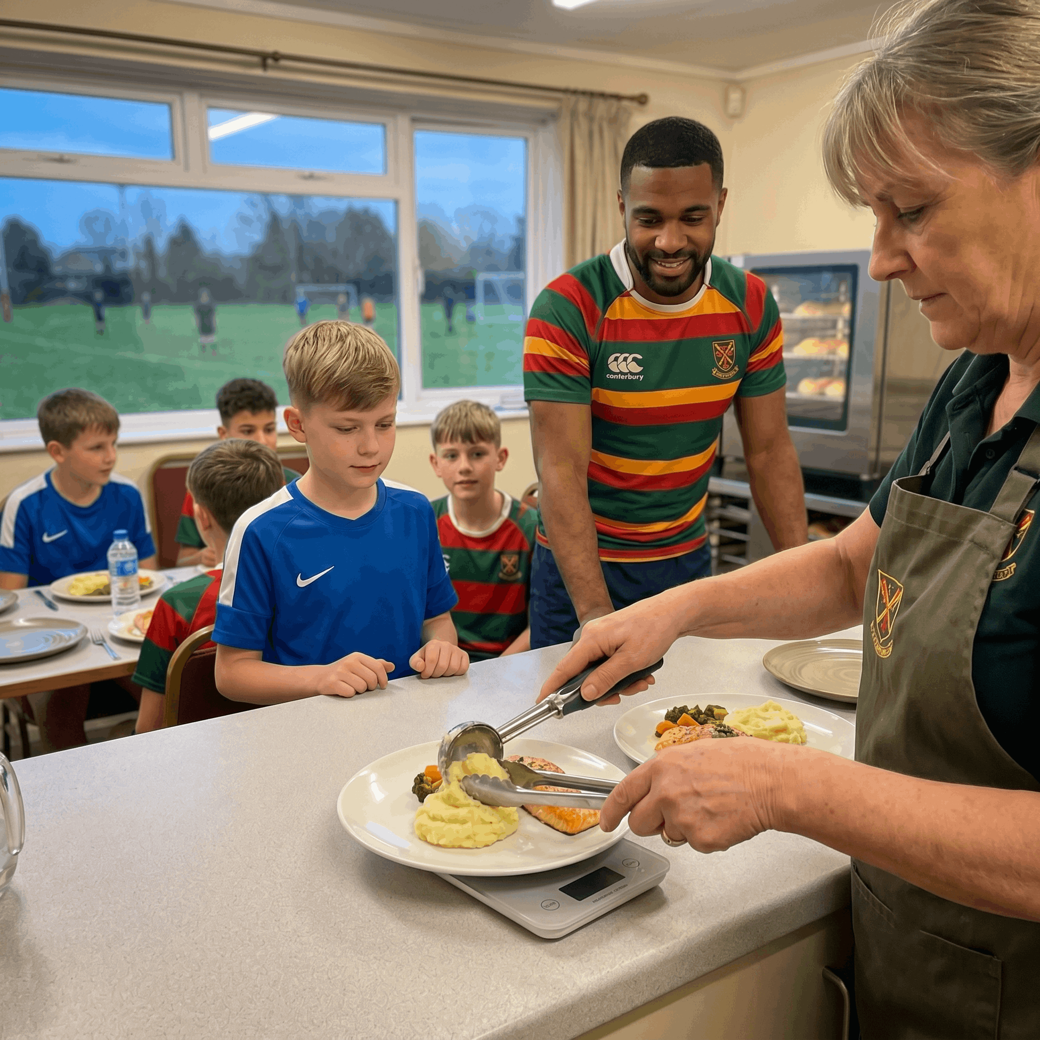 Nova Chef staff serving hot, chef-made meals to young football players in a sports club clubhouse
