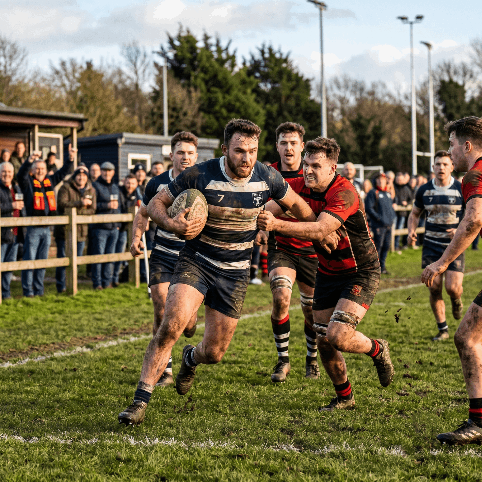 Rugby players competing in a match as supporters watch from the touchline at a community rugby club