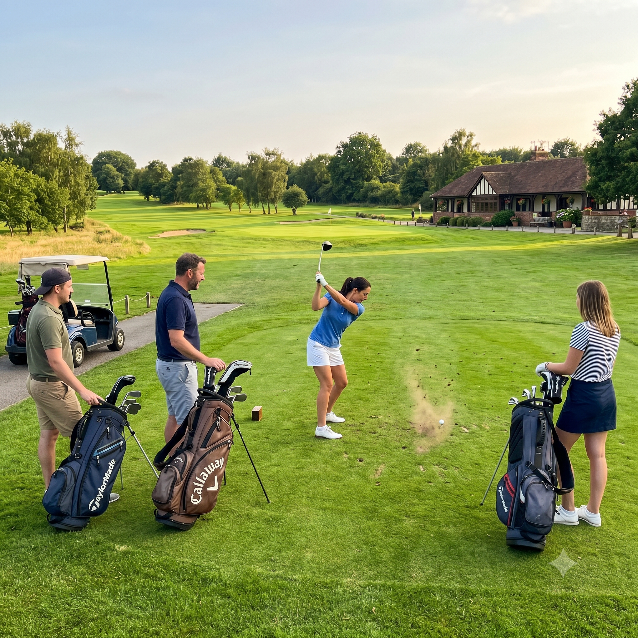 Golfers with their bags beside the clubhouse at a UK golf course