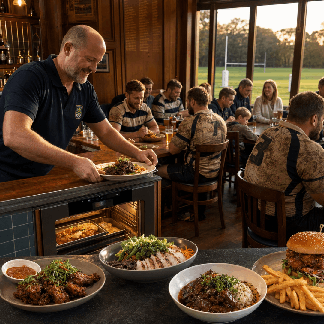 Staff serving chef-made dishes to diners at a rugby clubhouse table