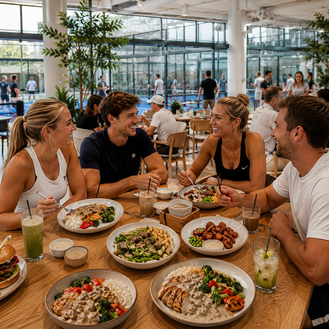 Group enjoying chef-made dishes at a table beside the padel courts