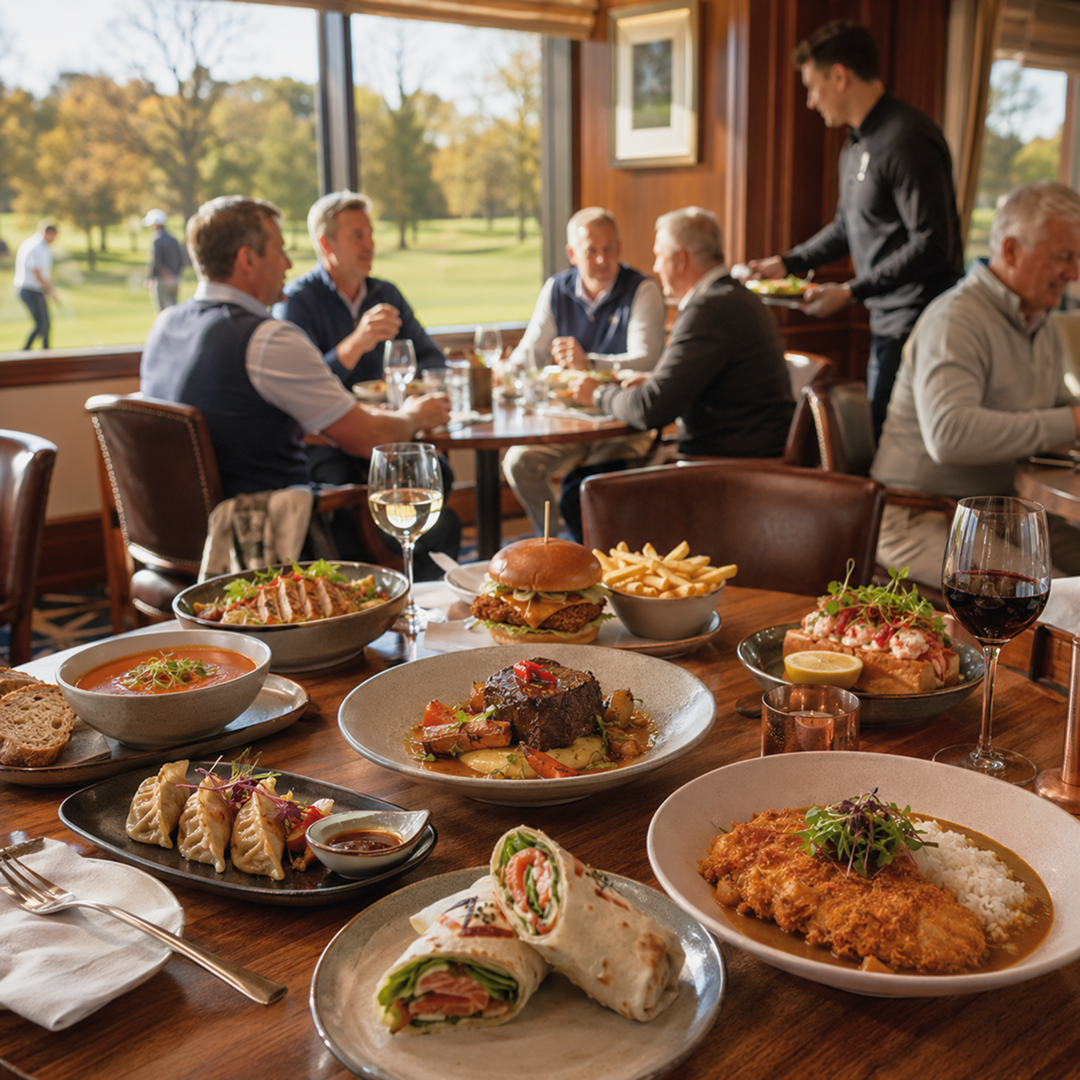 Table of chef-made dishes in a golf clubhouse overlooking the course