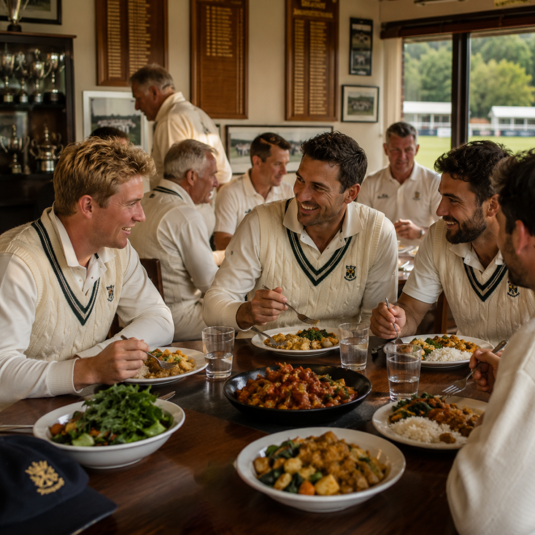 Cricketers in whites enjoying a chef-made meal at an outdoor table beside the cricket ground