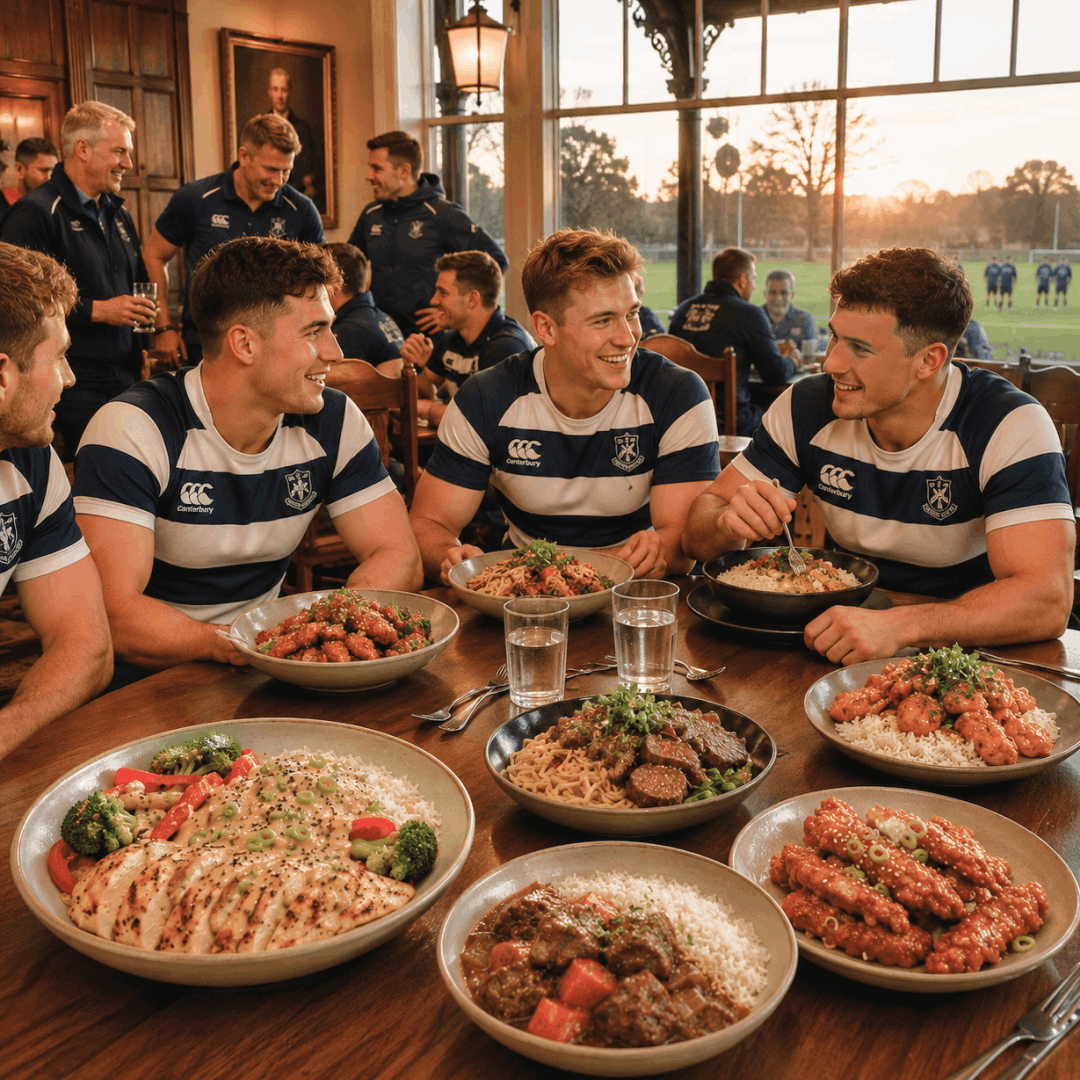 Rugby players in kit with chef-made power bowls at a pitchside table at sunset