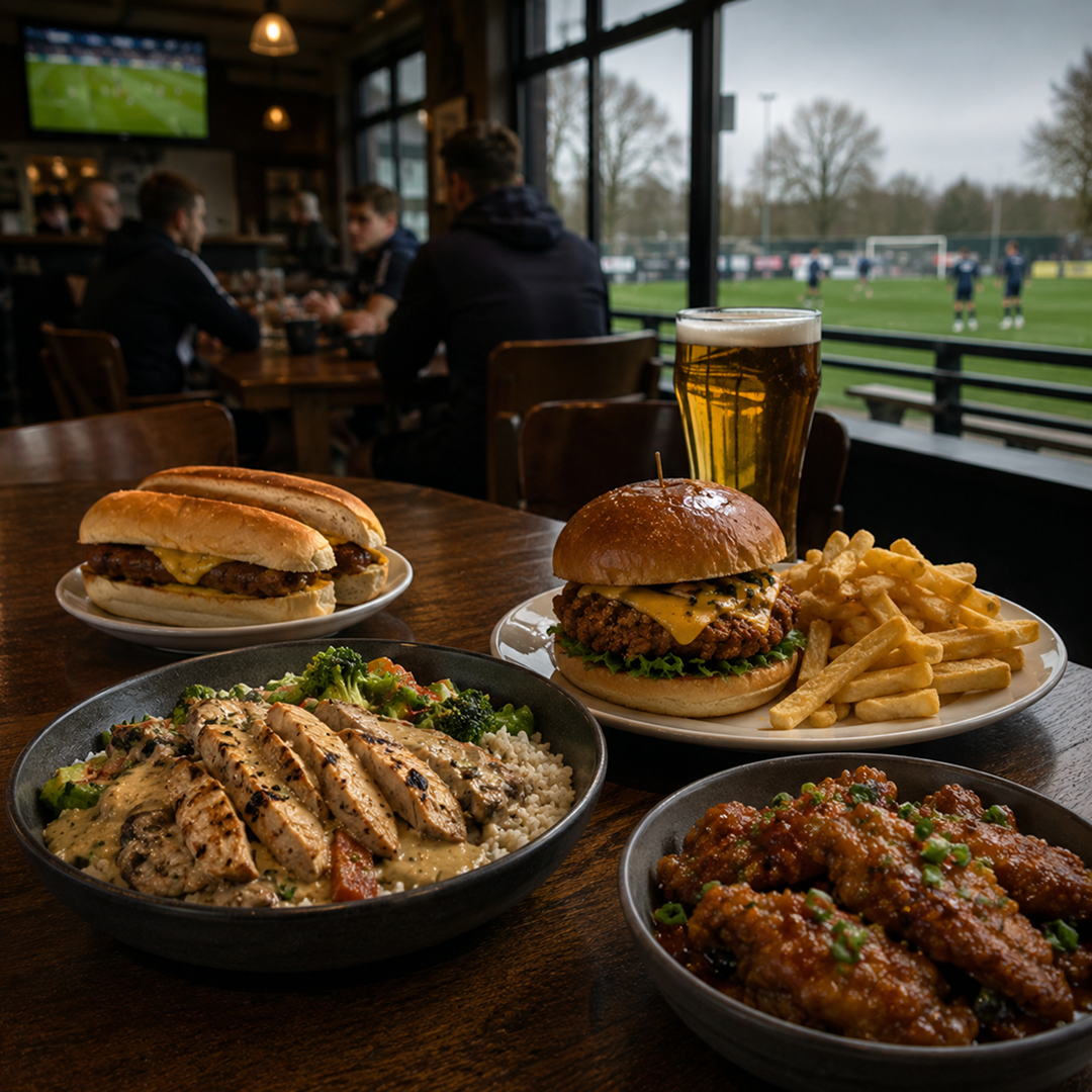 Chef-made burgers and balanced meals on a table beside a football pitch for academy and training-ground nutrition