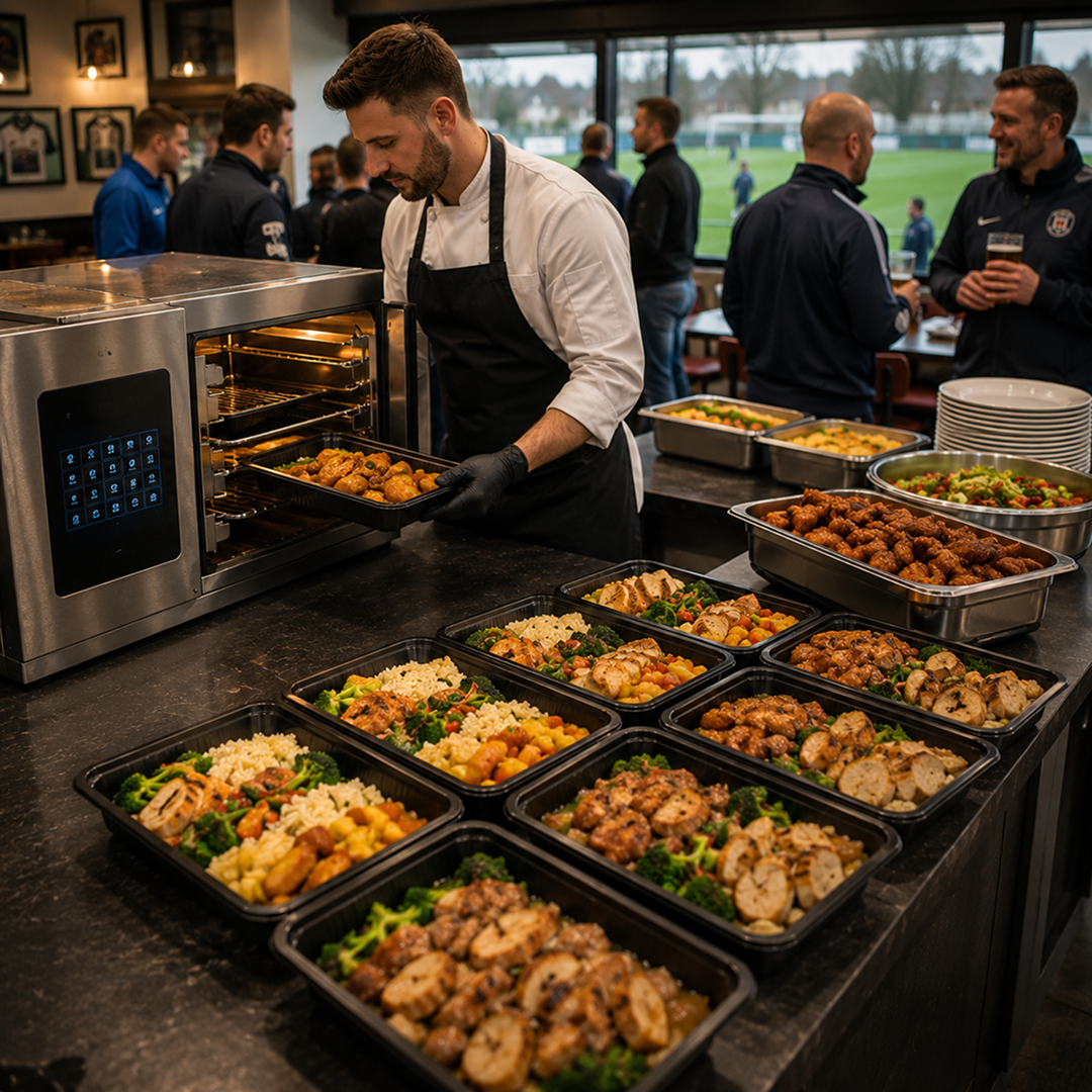 Spread of chef-made dishes and catering trays laid out for a football match day