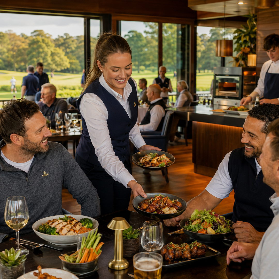 Waiter serving chef-made food to members dining in a golf clubhouse