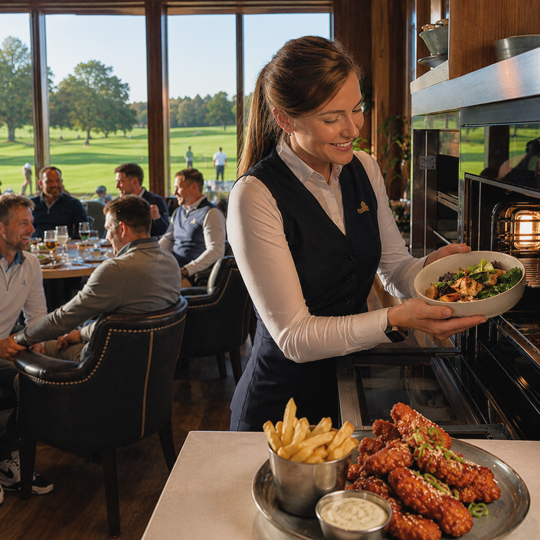 Waiter serving a chef-made plate to members in a golf clubhouse restaurant