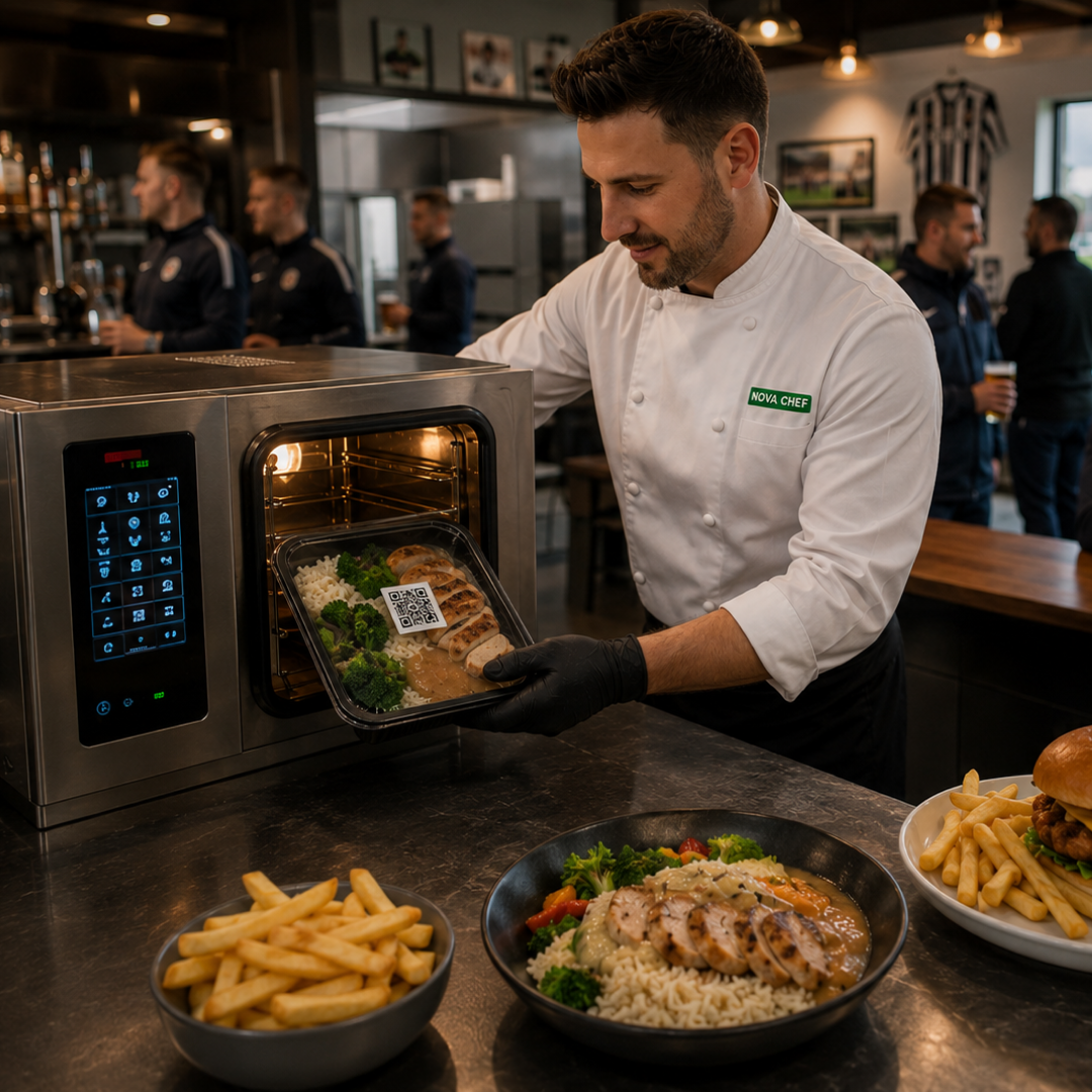Chef plating chef-made dishes at a football clubhouse servery counter