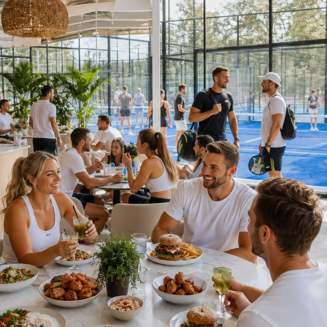 Padel players dining on chef-made meals with the courts visible through the venue windows