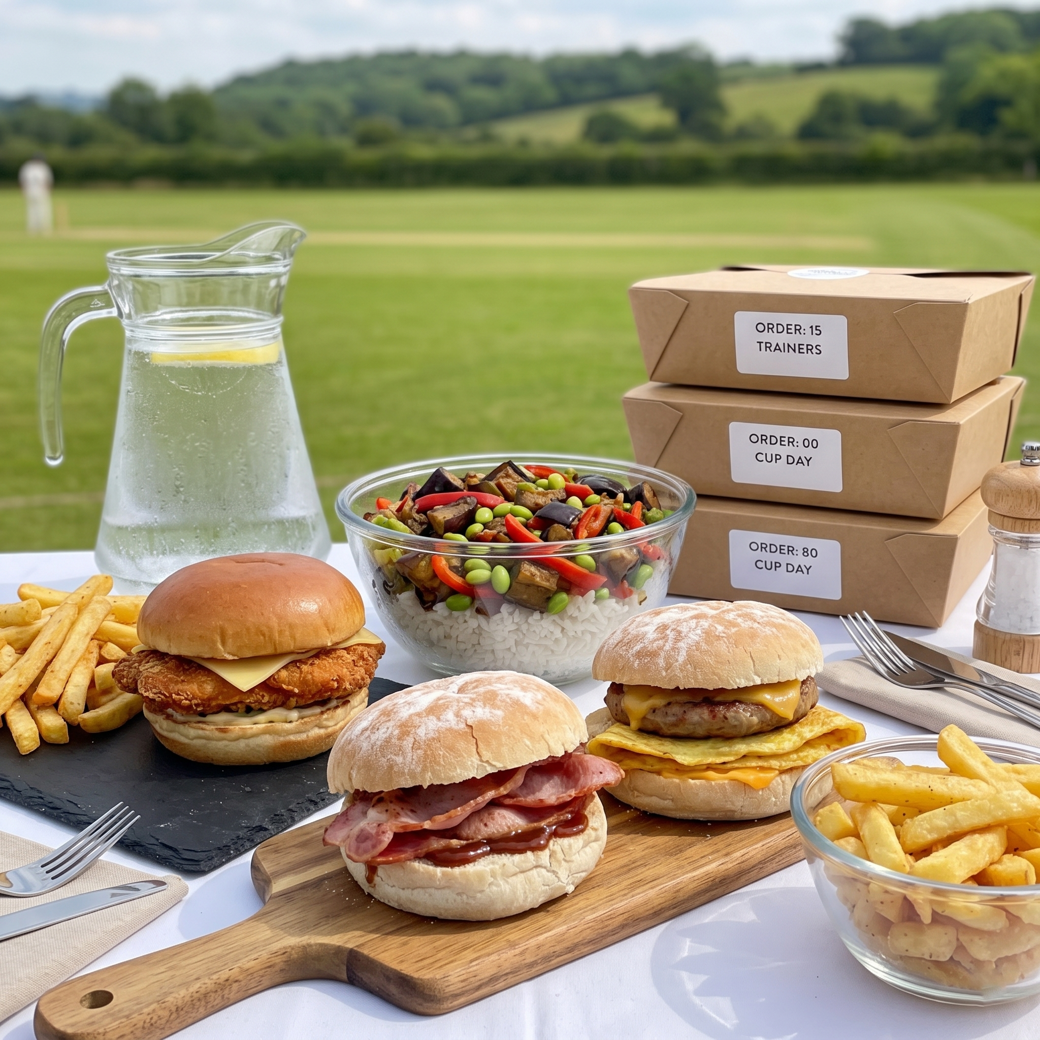 Chef-made burgers, power bowls and pre-portioned catering boxes laid out pitchside at a sports club