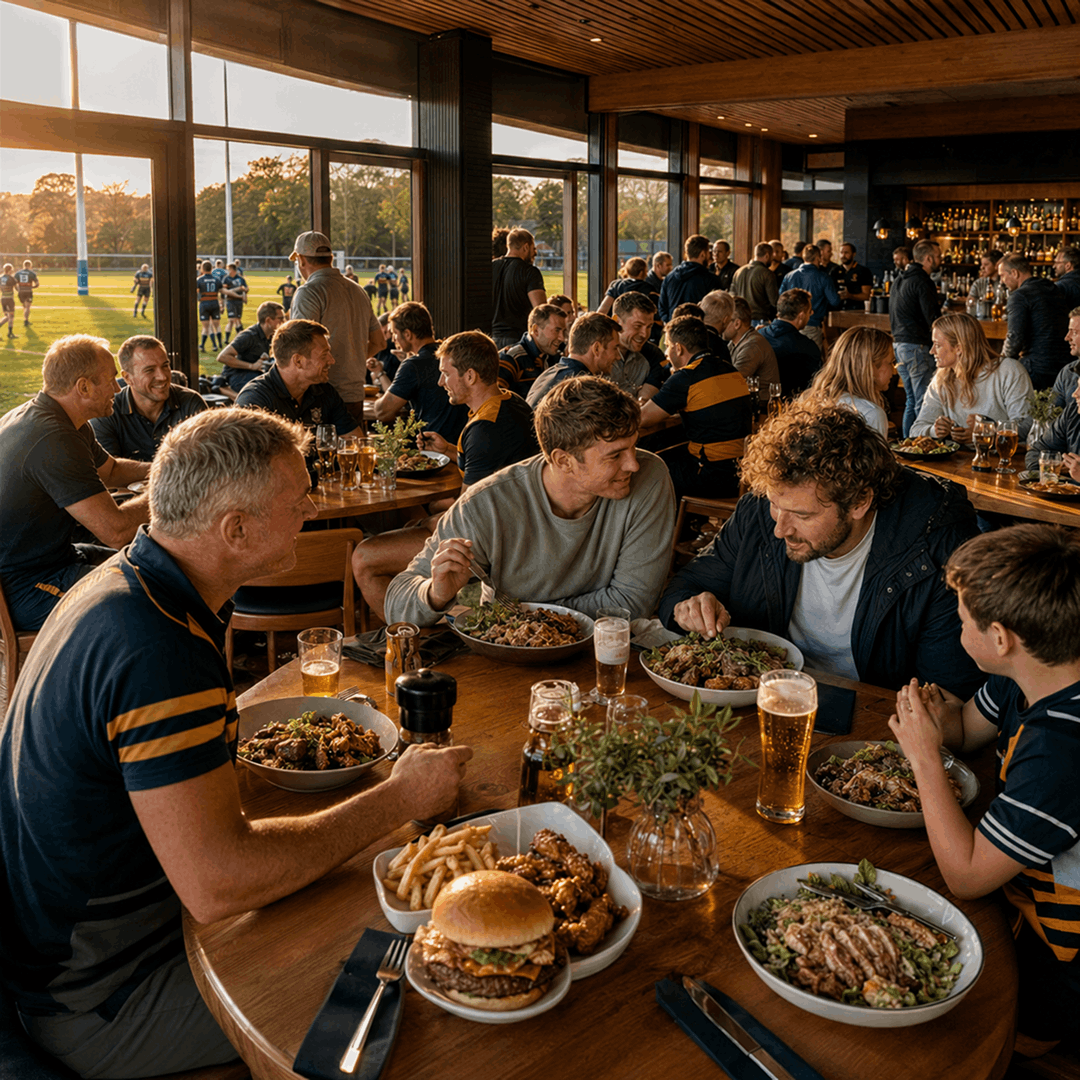 Rugby players and members dining on chef-made meals at a busy clubhouse table after the match