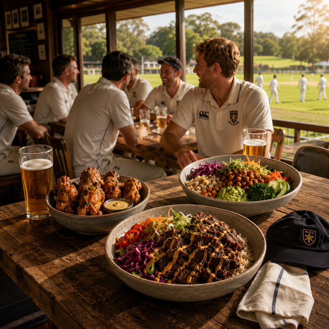 Table of chef-made power bowls and salads at a cricket club with the pavilion and pitch behind