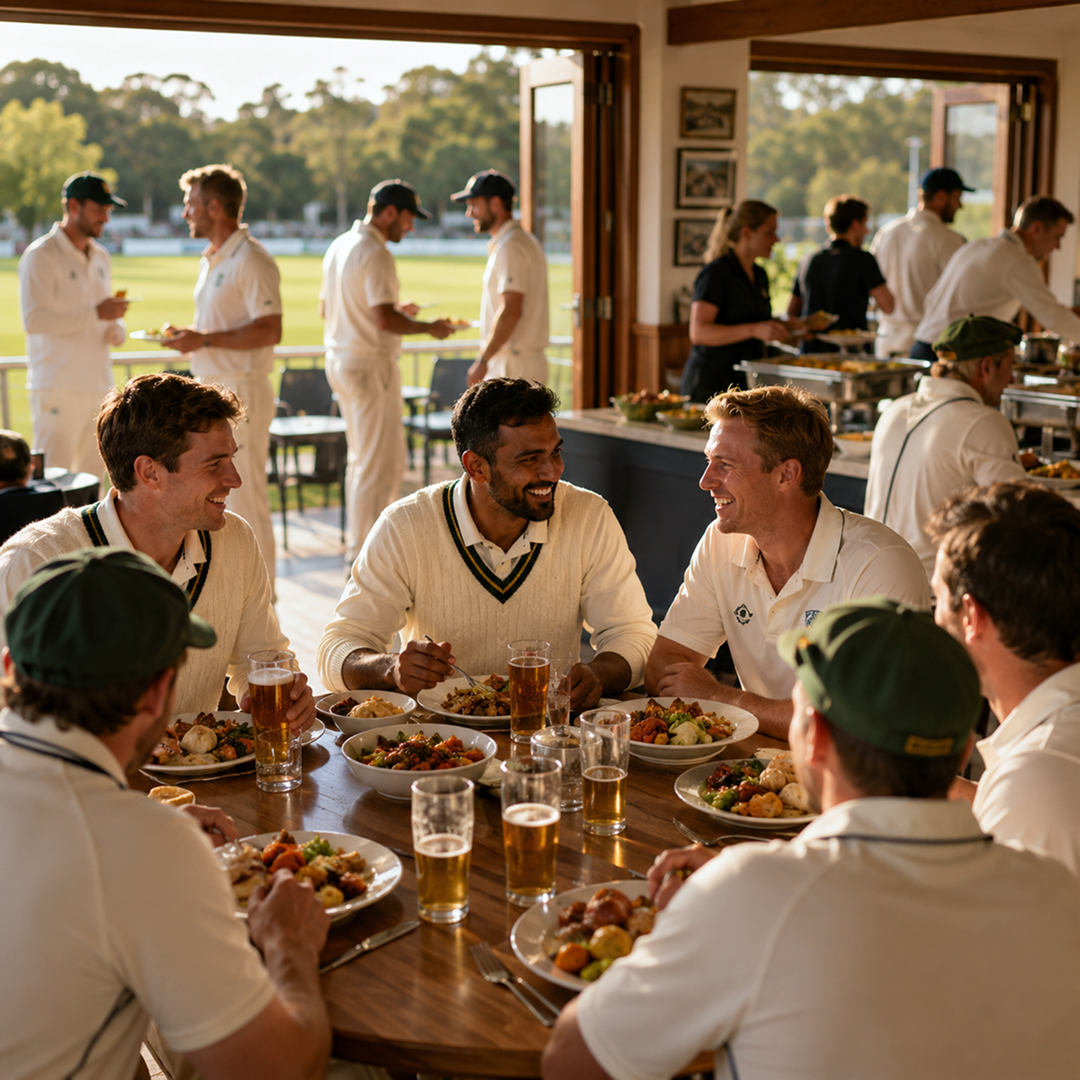Cricket club members dining together with chef-made dishes and drinks in the clubhouse