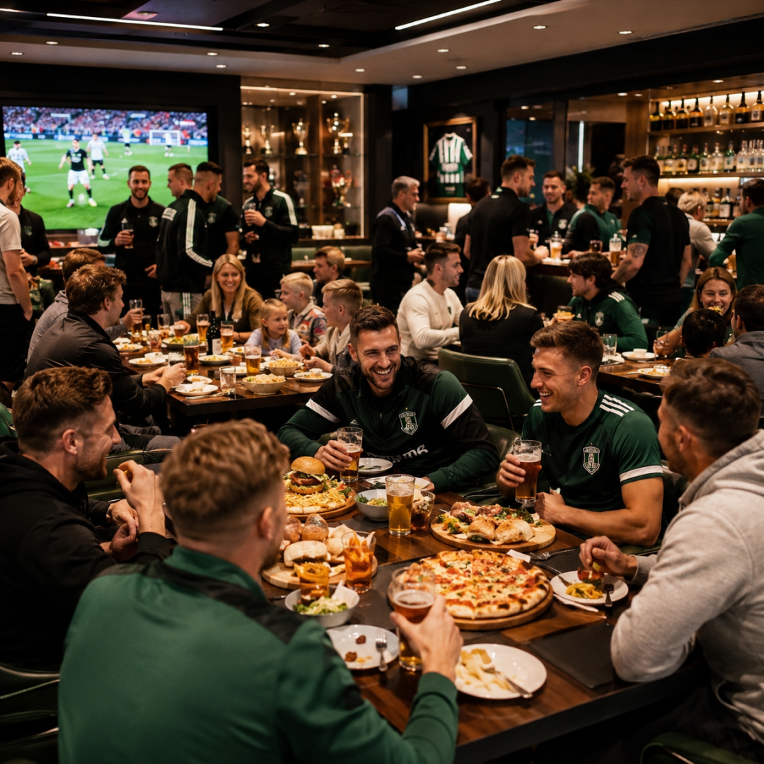 Football team dining together at a long clubhouse table with chef-made meals