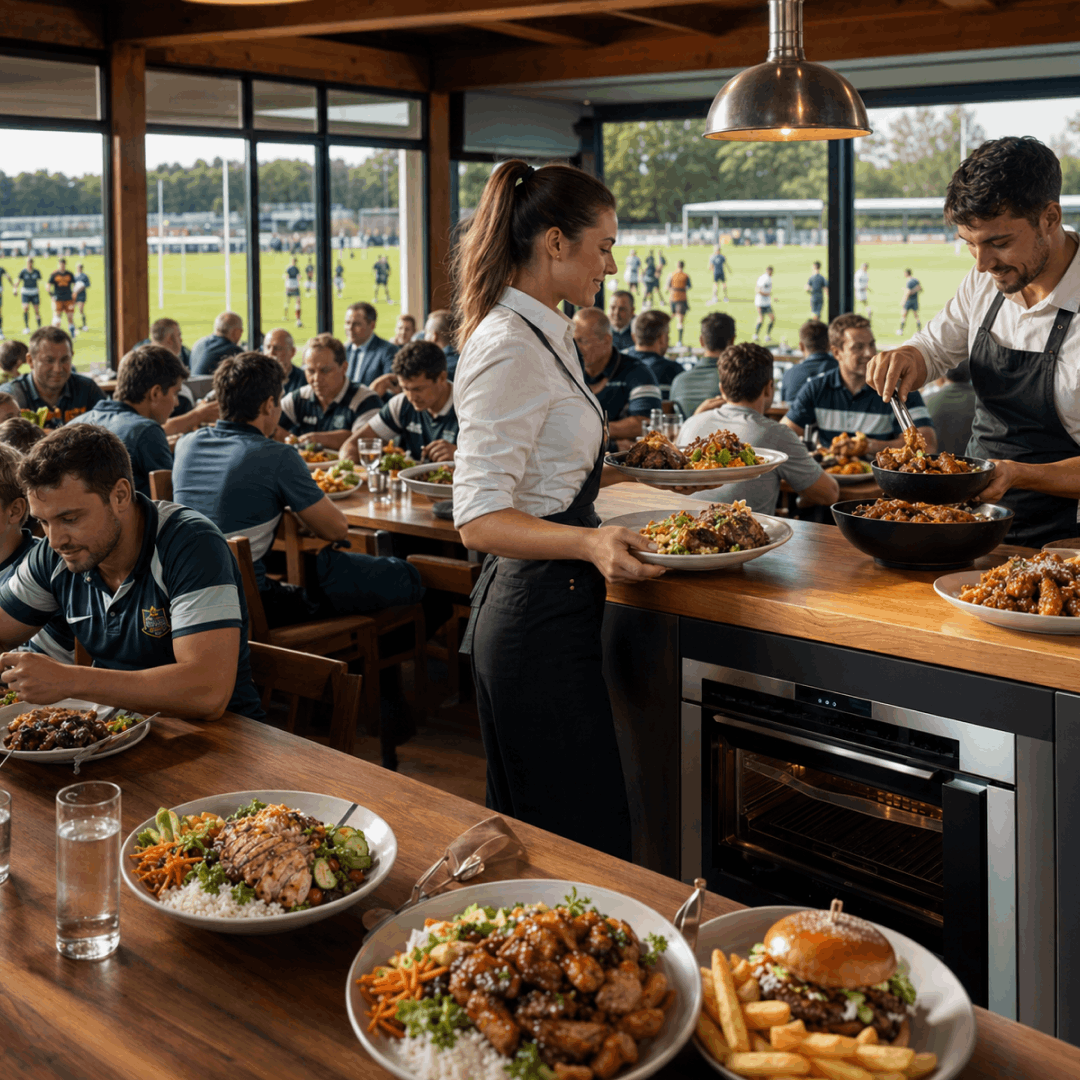 Rugby players sharing chef-made, balanced meals at a clubhouse table