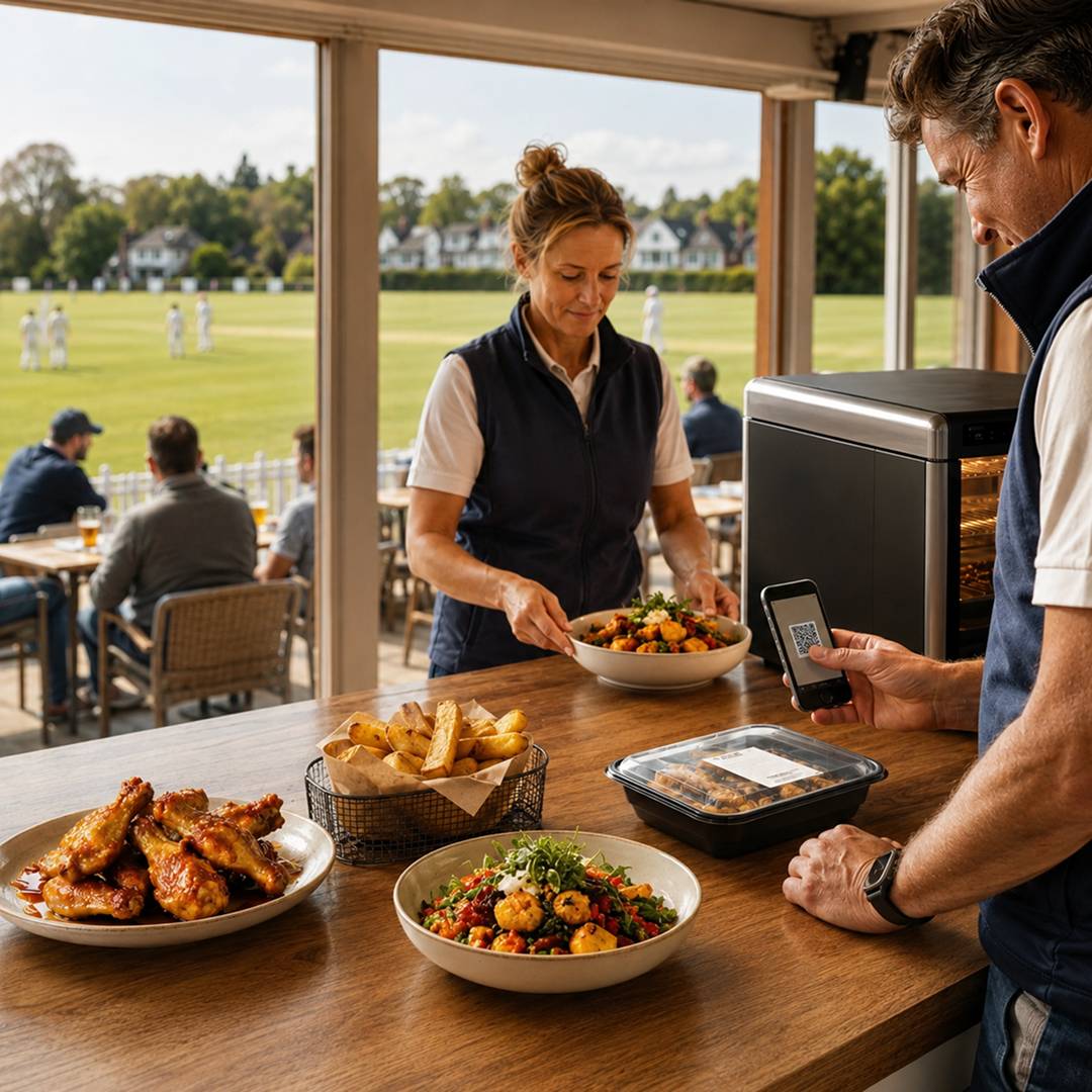 Clubhouse servery serving hot, chef-made food with the cricket pitch visible through the window