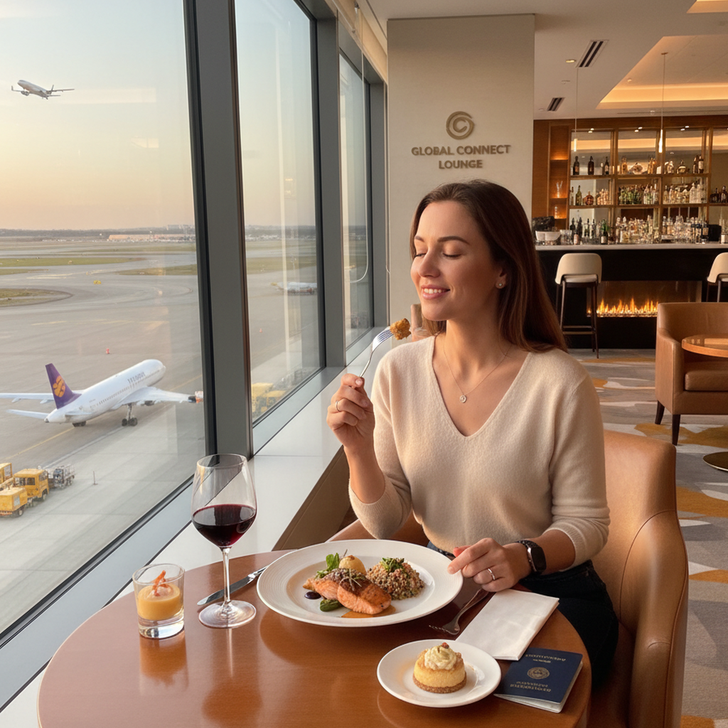 Traveller being served a chef-made plate in an airport lounge with aircraft visible through the window