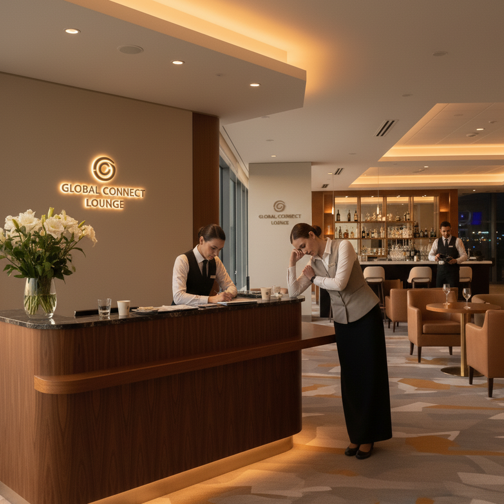 Airport lounge dining area with a food servery and comfortable seating at dawn