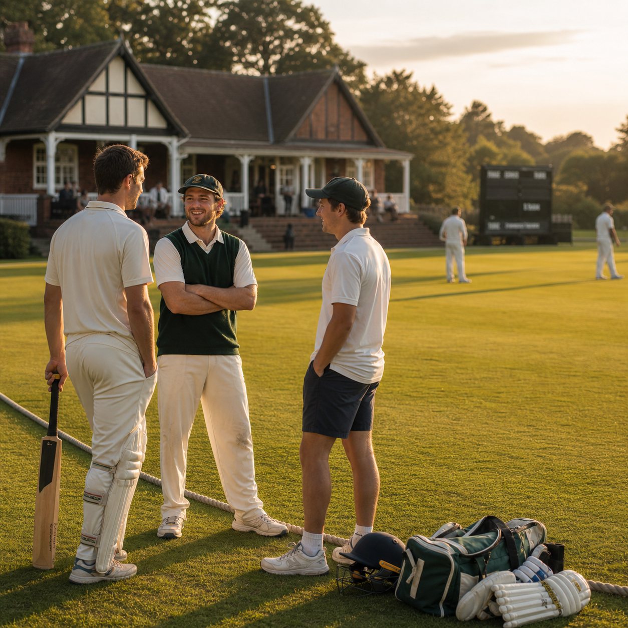Cricketers in whites with kit bags on the outfield in front of a UK cricket club pavilion