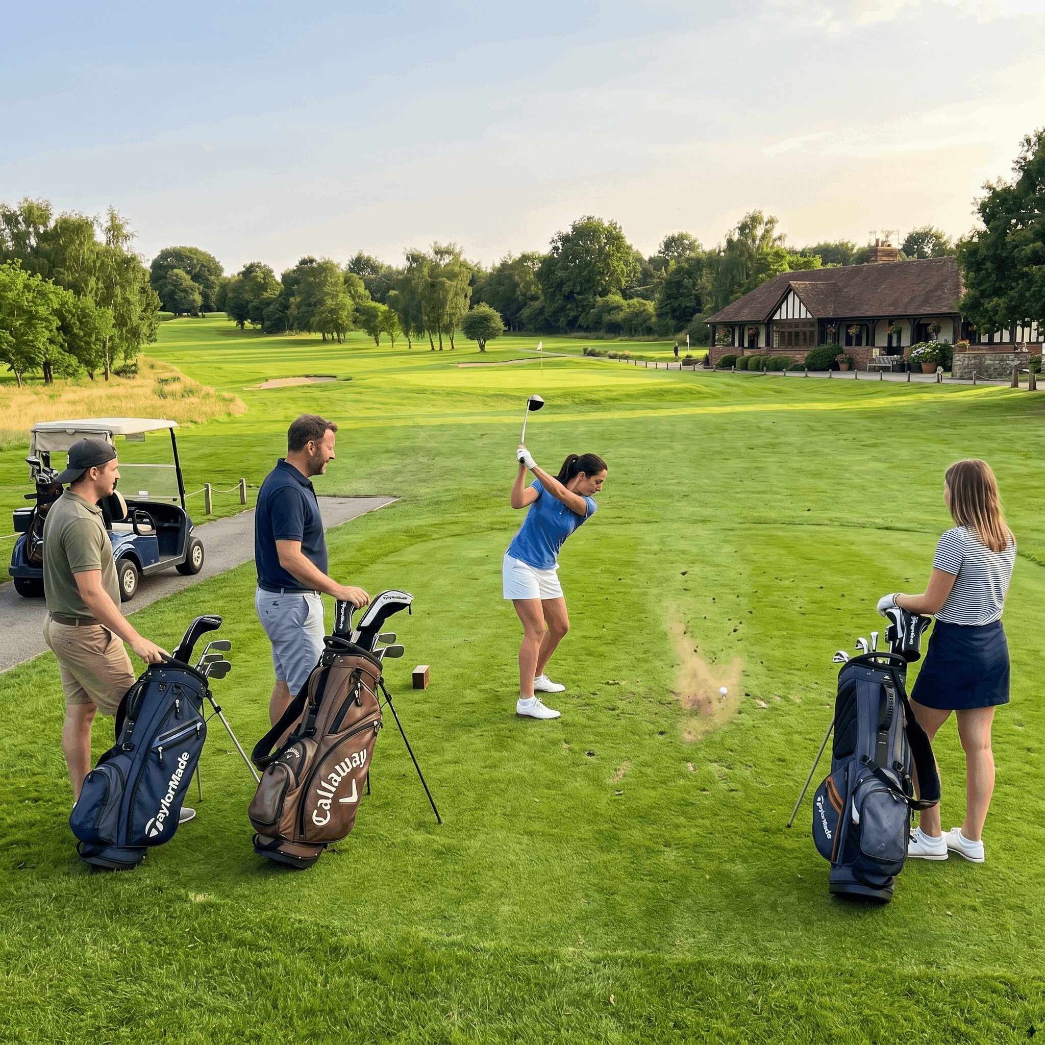 Golfers teeing off with the clubhouse in the background at a UK golf club