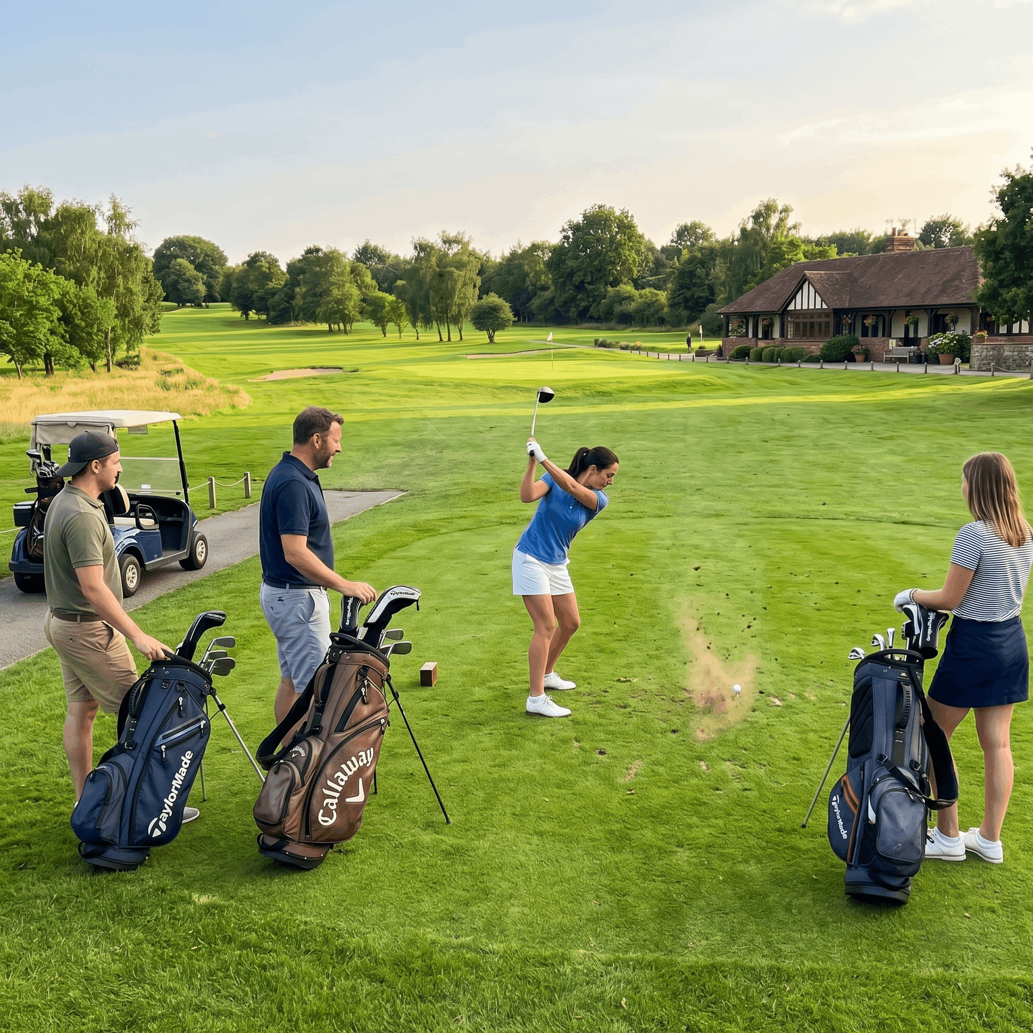 Golfers teeing off with the clubhouse in the background at a UK golf club