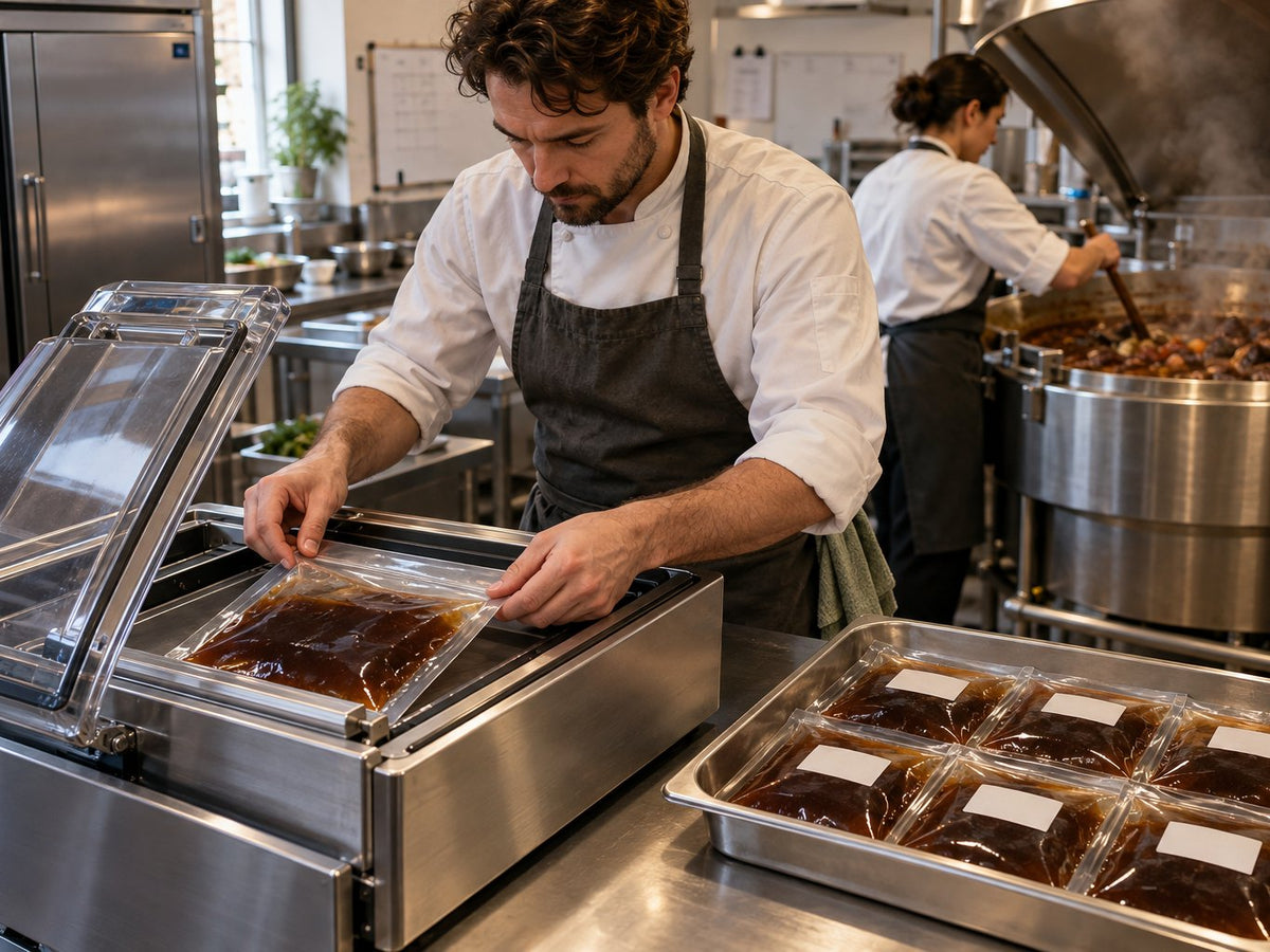A chef sealing a pouch of beef broth on a chamber vacuum sealer in the Nova Chef production kitchen, with a tray of sealed pouches alongside
