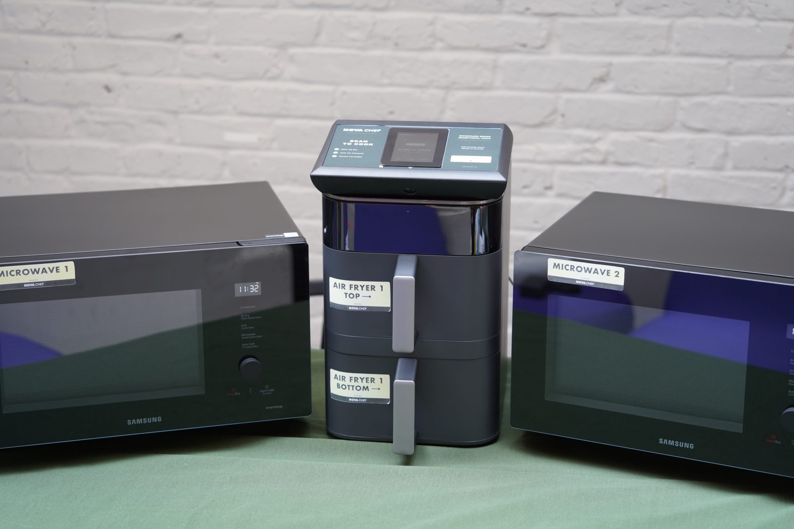The Nova Chef Generation 2 kit: scan-to-cook station on an air fryer between two microwaves