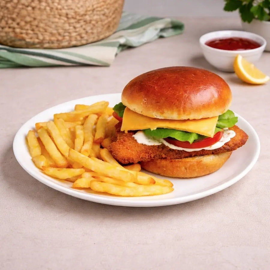 Nova Chef crispy chicken burger with chips