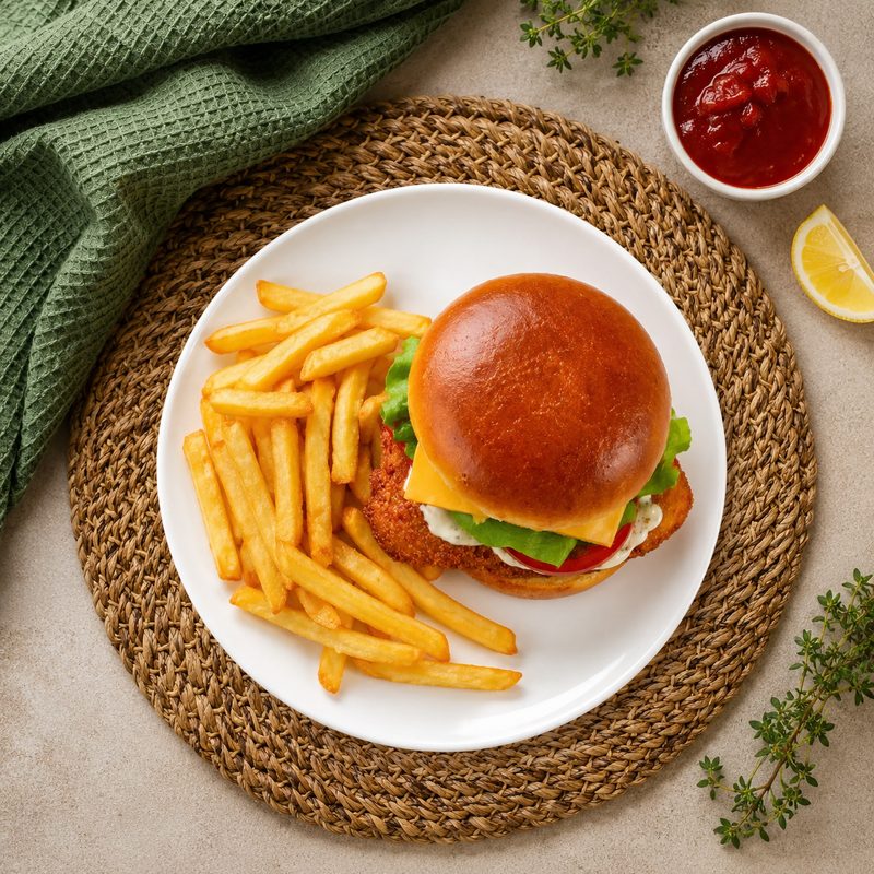 Nova Chef crispy chicken burger, finished in the air fryer by the Scan-to-Cook Station
